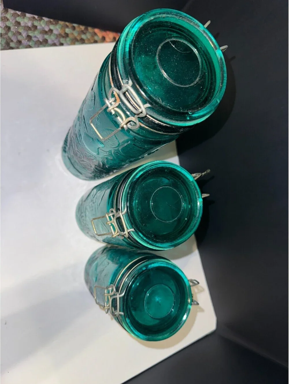 Vtg Mcm Emerald Green Fruit, Grape Design Glass Canister Set Wire Bail Lids 3pc